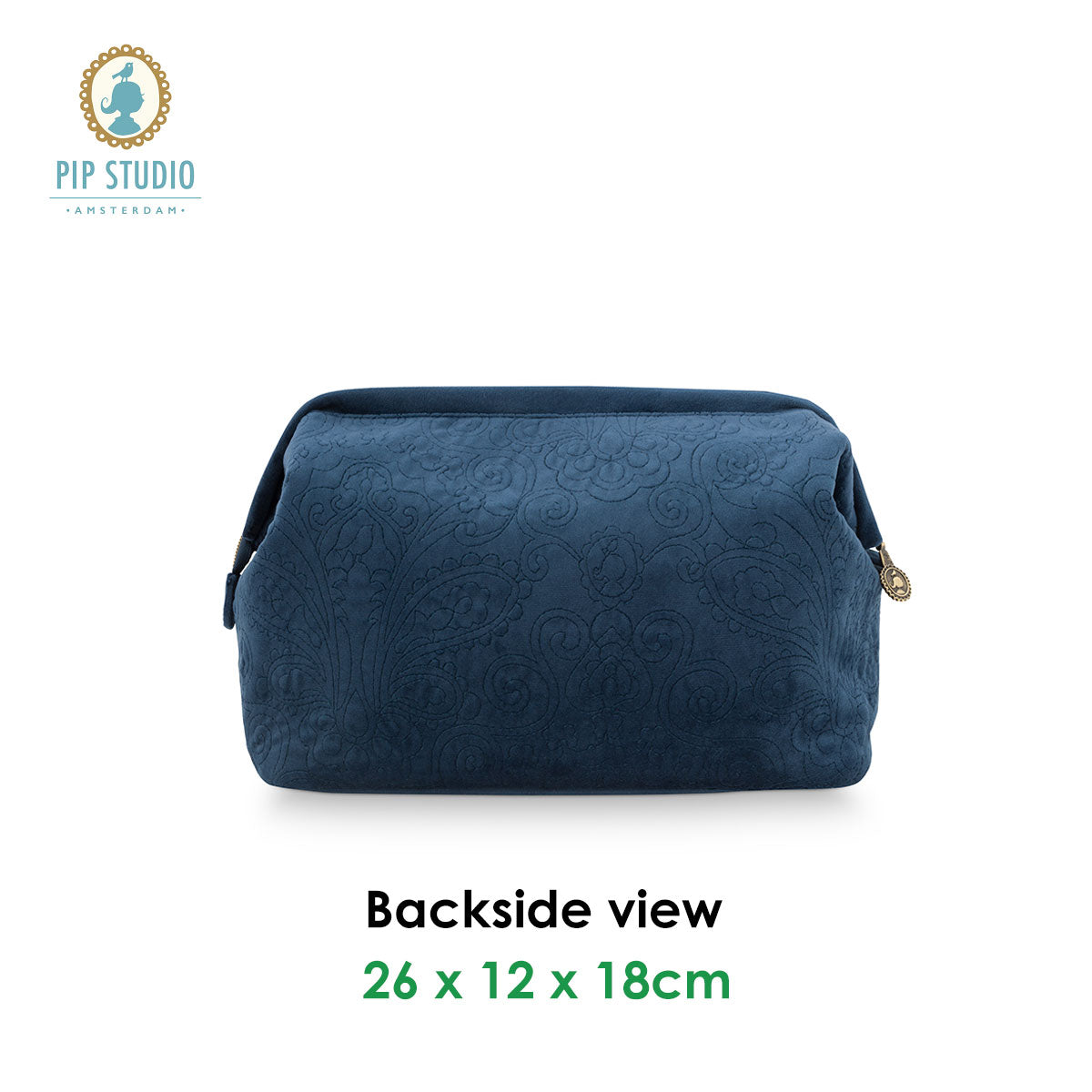 PIP Studio Velvet Quilted Dark Blue Large Cosmetic Purse with floral design, showcasing its luxurious velvet texture.