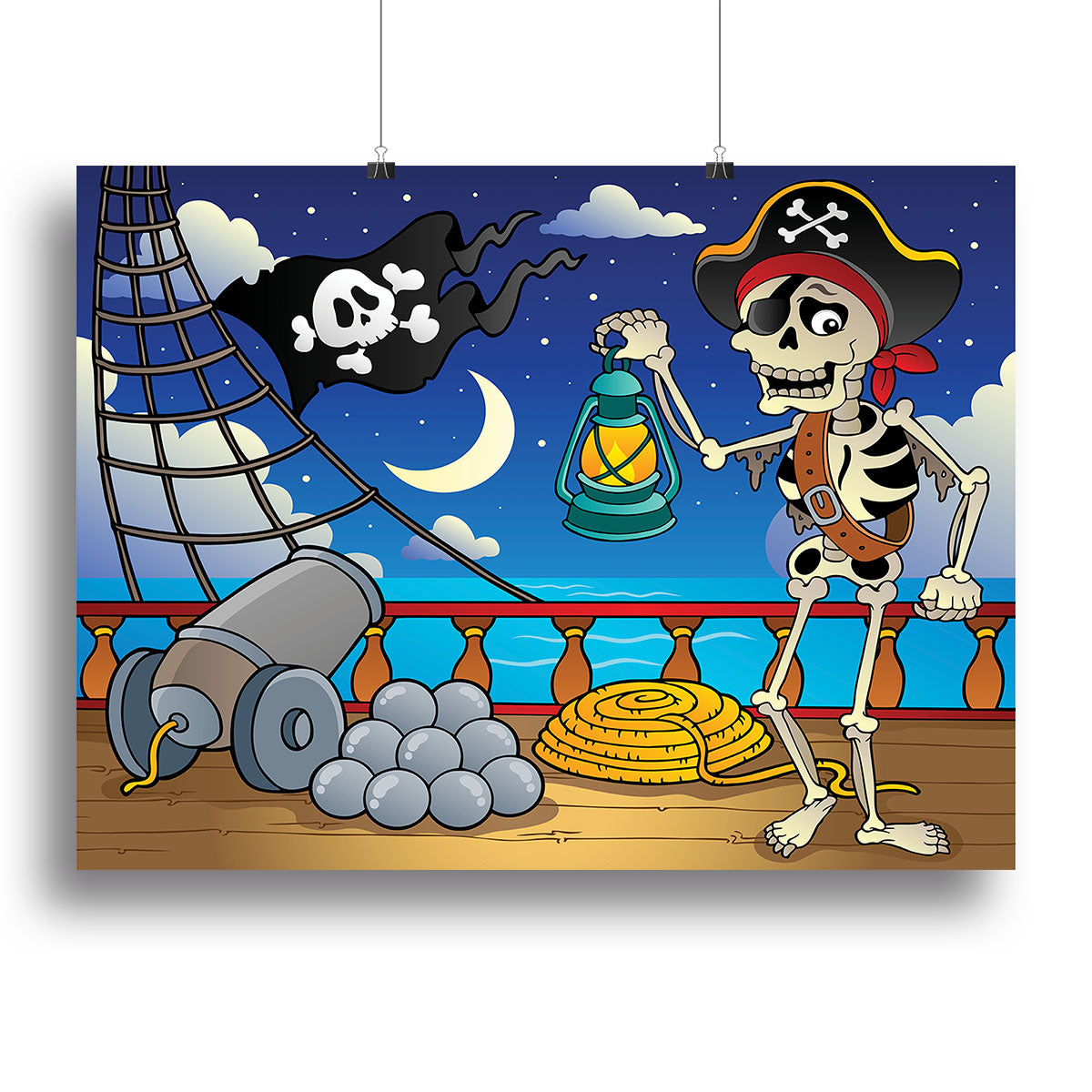 A vibrant canvas print featuring a detailed pirate ship deck scene, perfect for nautical-themed decor.