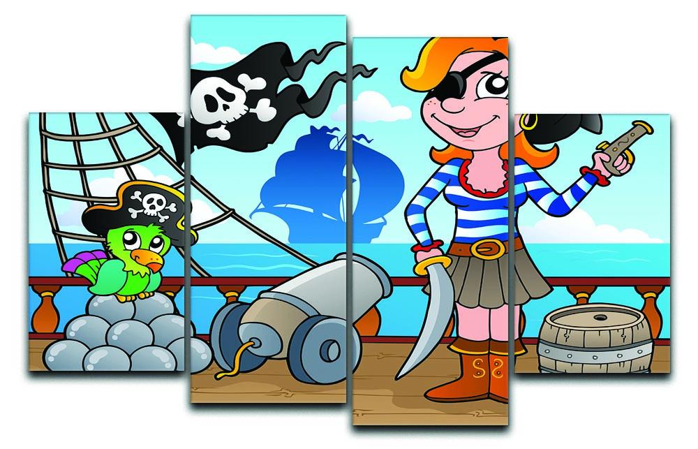 A vibrant 4-split canvas artwork depicting a pirate ship on the deck, showcasing intricate details and nautical themes.