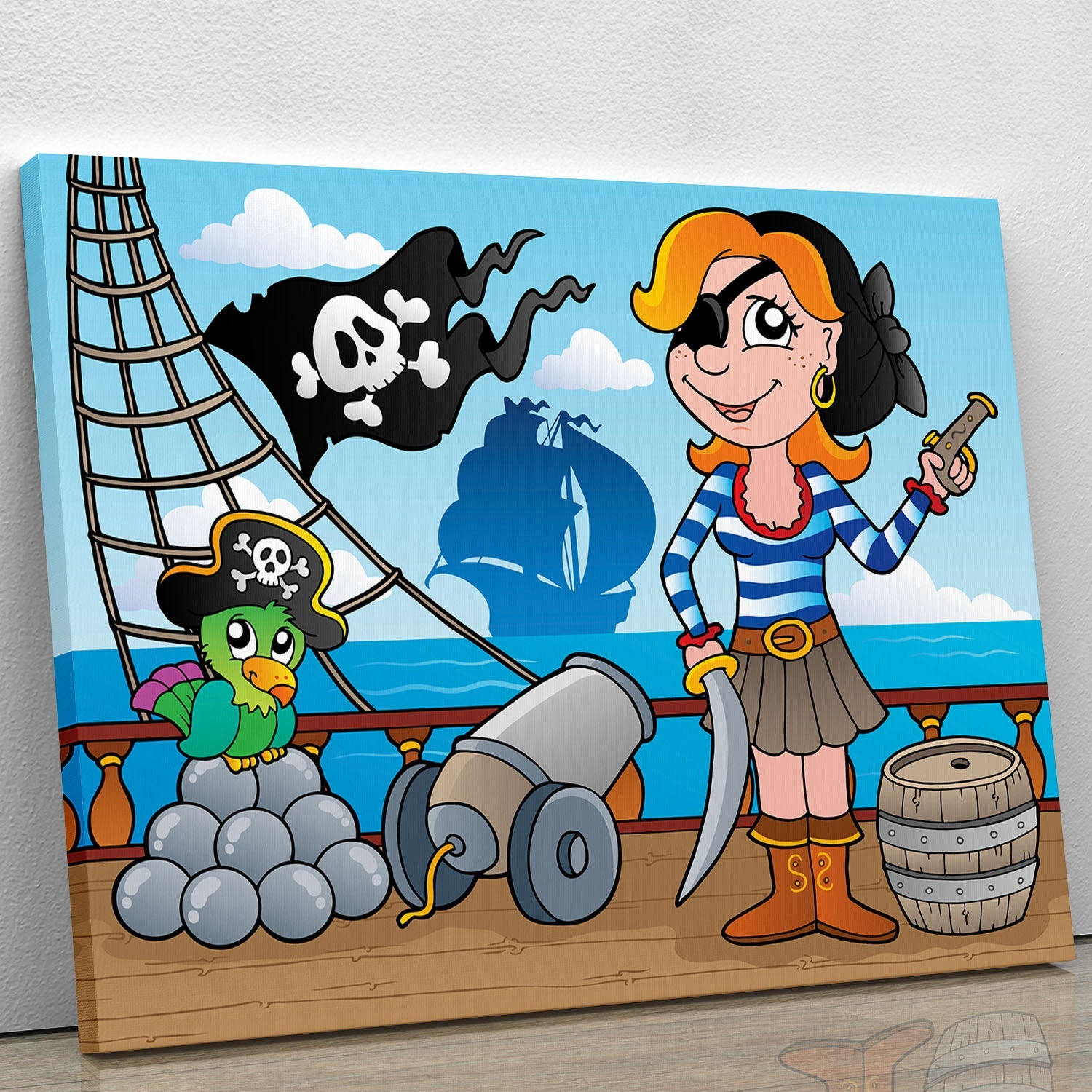 A vibrant canvas print of a pirate ship deck, showcasing intricate details and nautical elements, perfect for home decor.