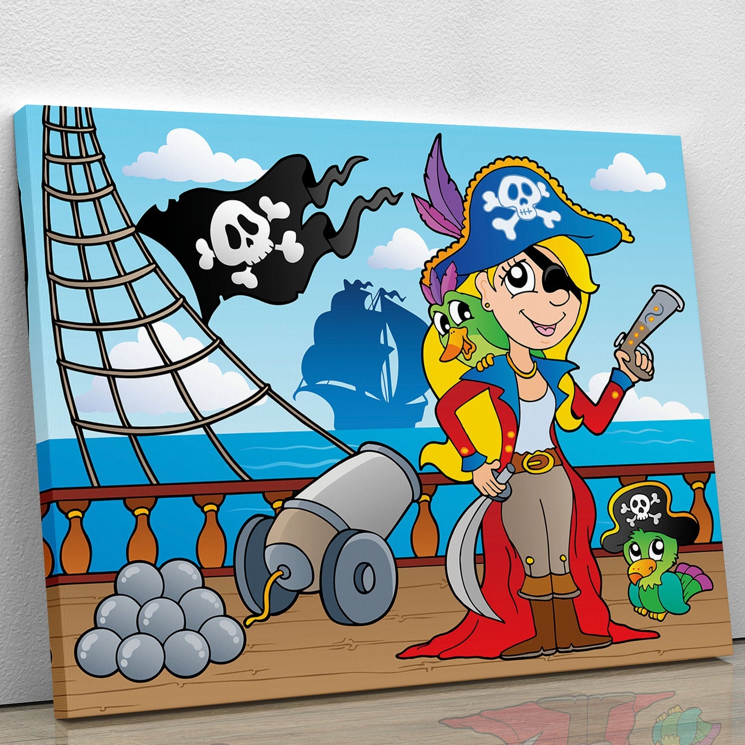 A vibrant canvas print or poster featuring a detailed pirate ship deck, showcasing nautical elements and adventurous spirit.