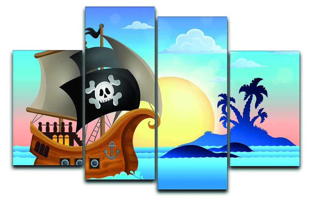 A stunning 4-panel canvas artwork depicting a pirate ship sailing near a small island, showcasing vibrant colors and dynamic design.
