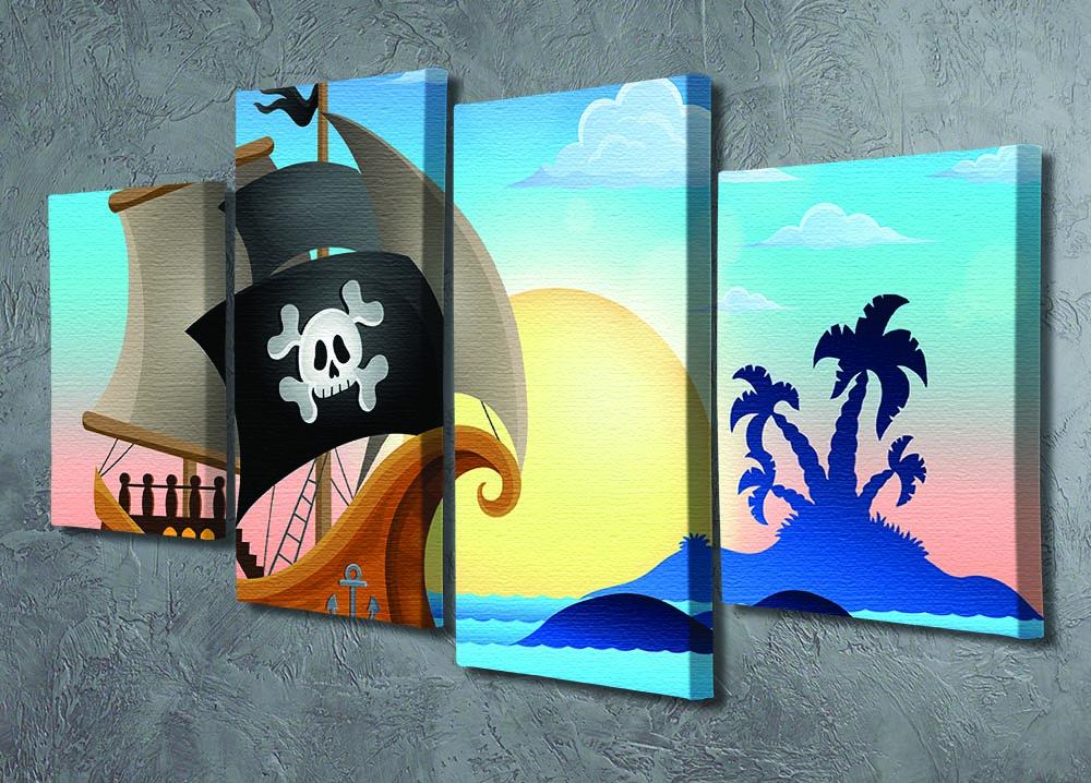 A stunning 4-panel canvas artwork depicting a pirate ship sailing near a small island, showcasing vibrant colors and dynamic design.