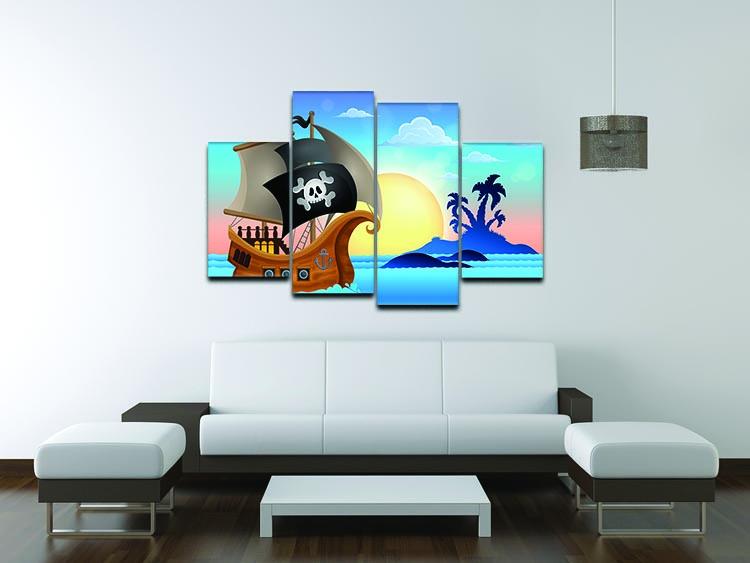 A stunning 4-panel canvas artwork depicting a pirate ship sailing near a small island, showcasing vibrant colors and dynamic design.