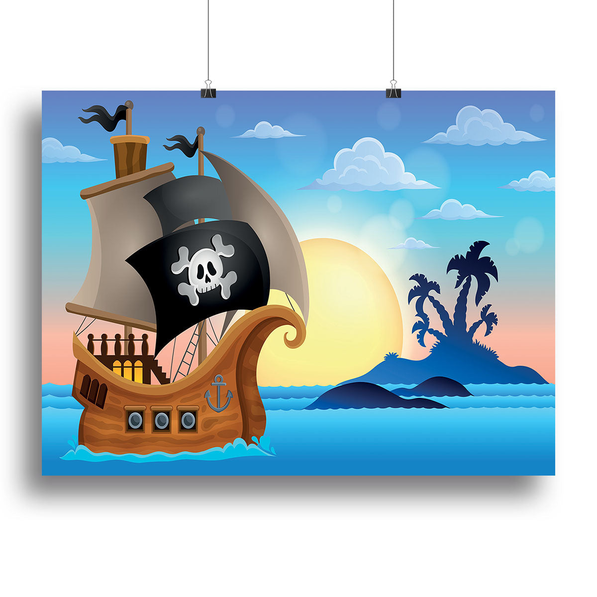A vibrant canvas print featuring a pirate ship sailing near a small island, showcasing intricate details and rich colors.