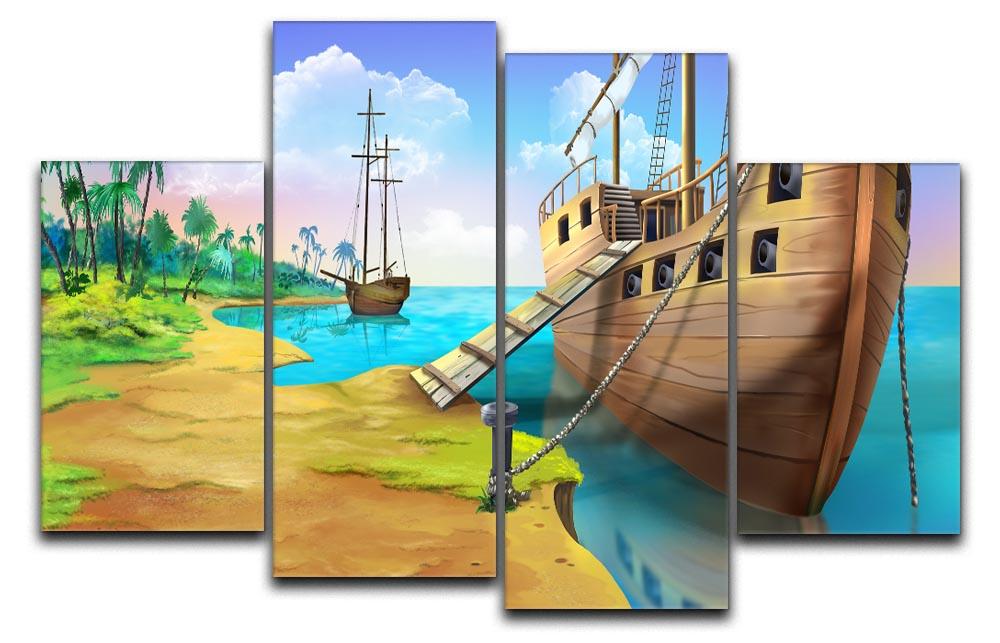 A vibrant 4-split canvas artwork depicting a pirate ship on the shore of a tropical island, showcasing dynamic colors and intricate details.