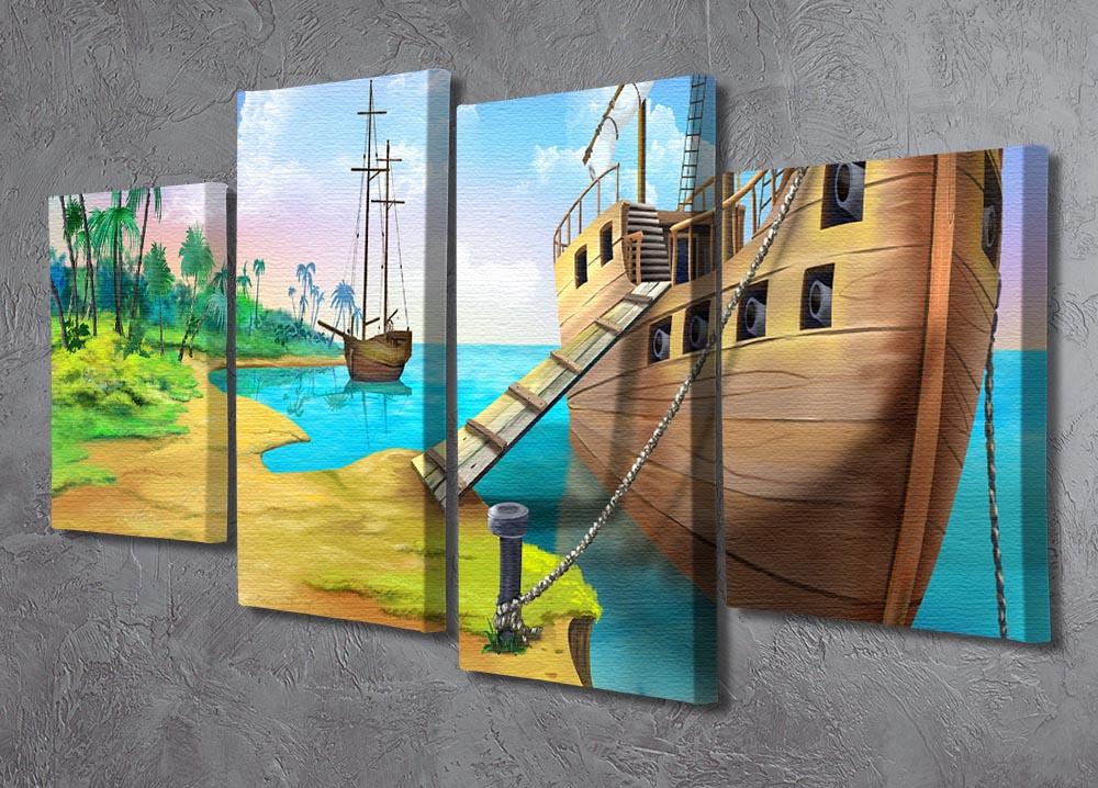 A vibrant 4-split canvas artwork depicting a pirate ship on the shore of a tropical island, showcasing dynamic colors and intricate details.