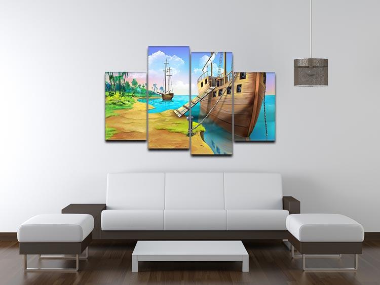 A vibrant 4-split canvas artwork depicting a pirate ship on the shore of a tropical island, showcasing dynamic colors and intricate details.
