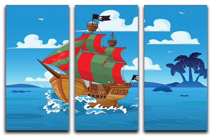 A stunning 3-panel canvas print featuring a pirate ship sailing through the seas, showcasing vibrant colors and intricate details.