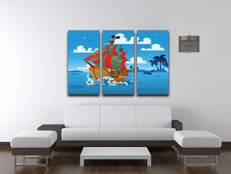 A stunning 3-panel canvas print featuring a pirate ship sailing through the seas, showcasing vibrant colors and intricate details.