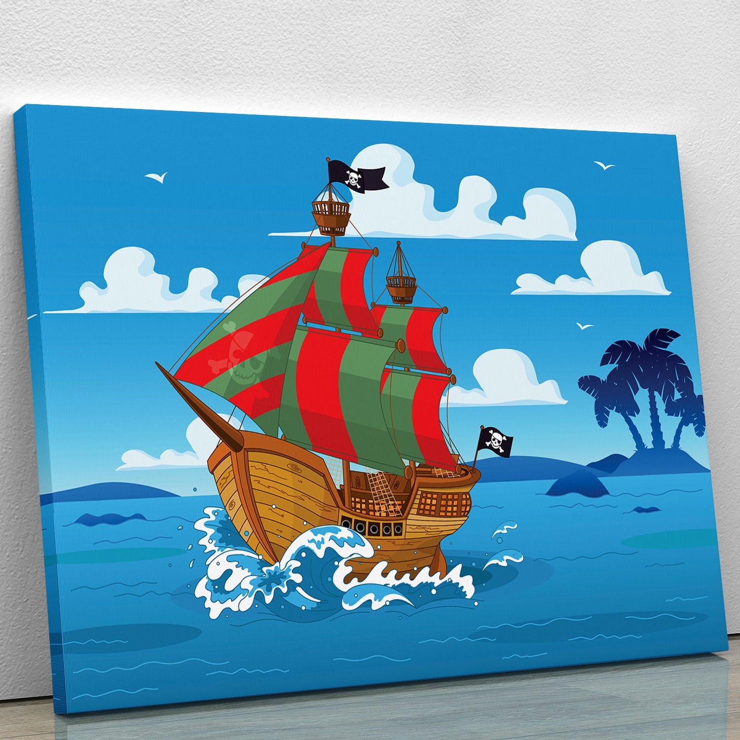A vibrant canvas print of a pirate ship sailing on the ocean, showcasing detailed artwork and rich colors, perfect for nautical-themed decor.