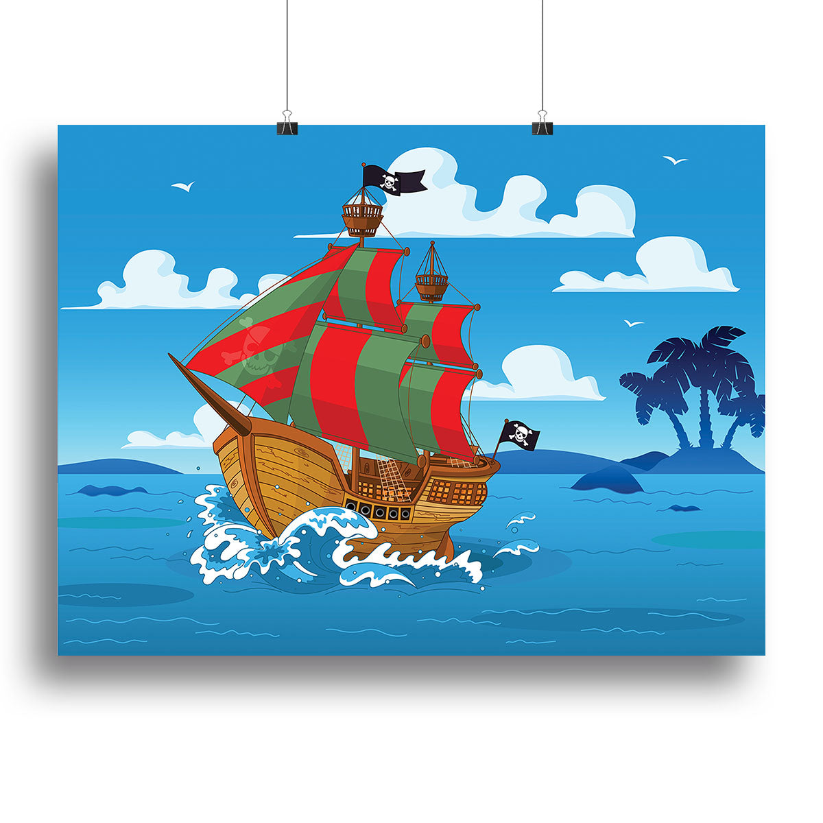 A vibrant canvas print of a pirate ship sailing on the ocean, showcasing detailed artwork and rich colors, perfect for nautical-themed decor.