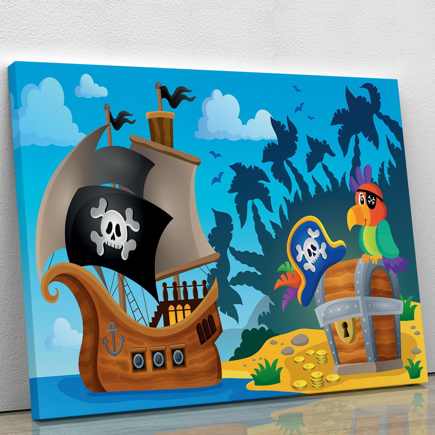 A vibrant canvas print of a pirate ship sailing on the ocean, showcasing intricate details and vivid colors, perfect for home decor.