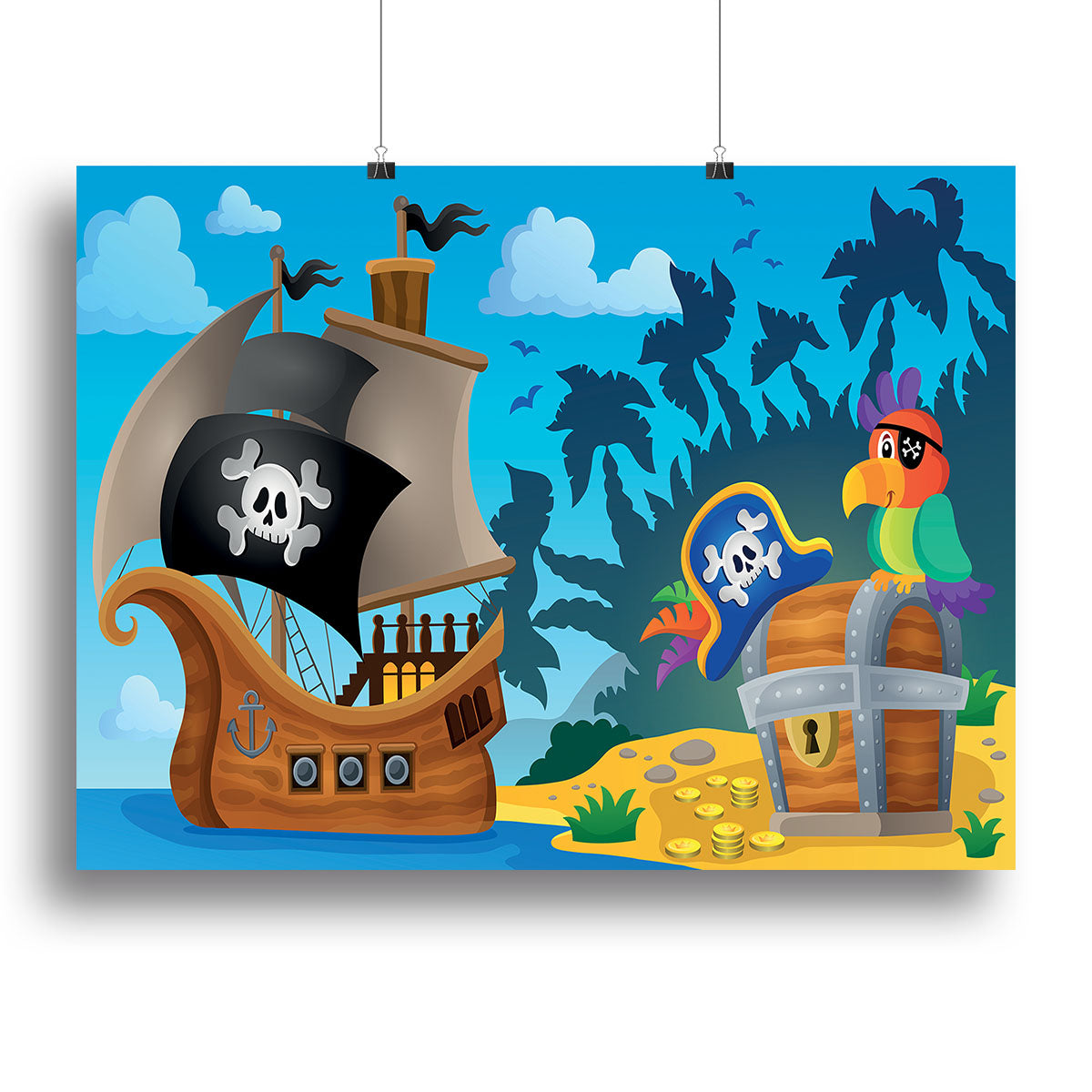 A vibrant canvas print of a pirate ship sailing on the ocean, showcasing intricate details and vivid colors, perfect for home decor.