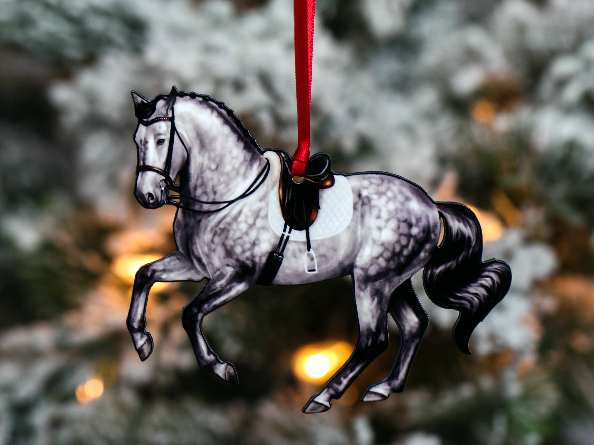Gray Pirouette Dressage Horse Ornament made of composite wood, showcasing intricate laser-cut details and a glossy finish.