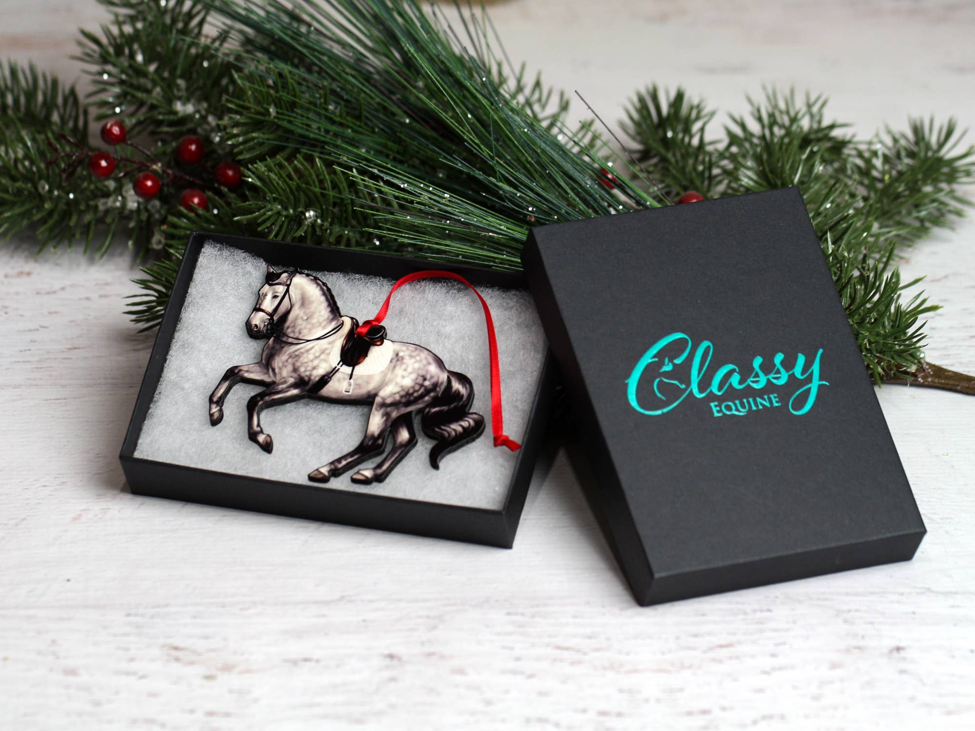 Gray Pirouette Dressage Horse Ornament made of composite wood, showcasing intricate laser-cut details and a glossy finish.