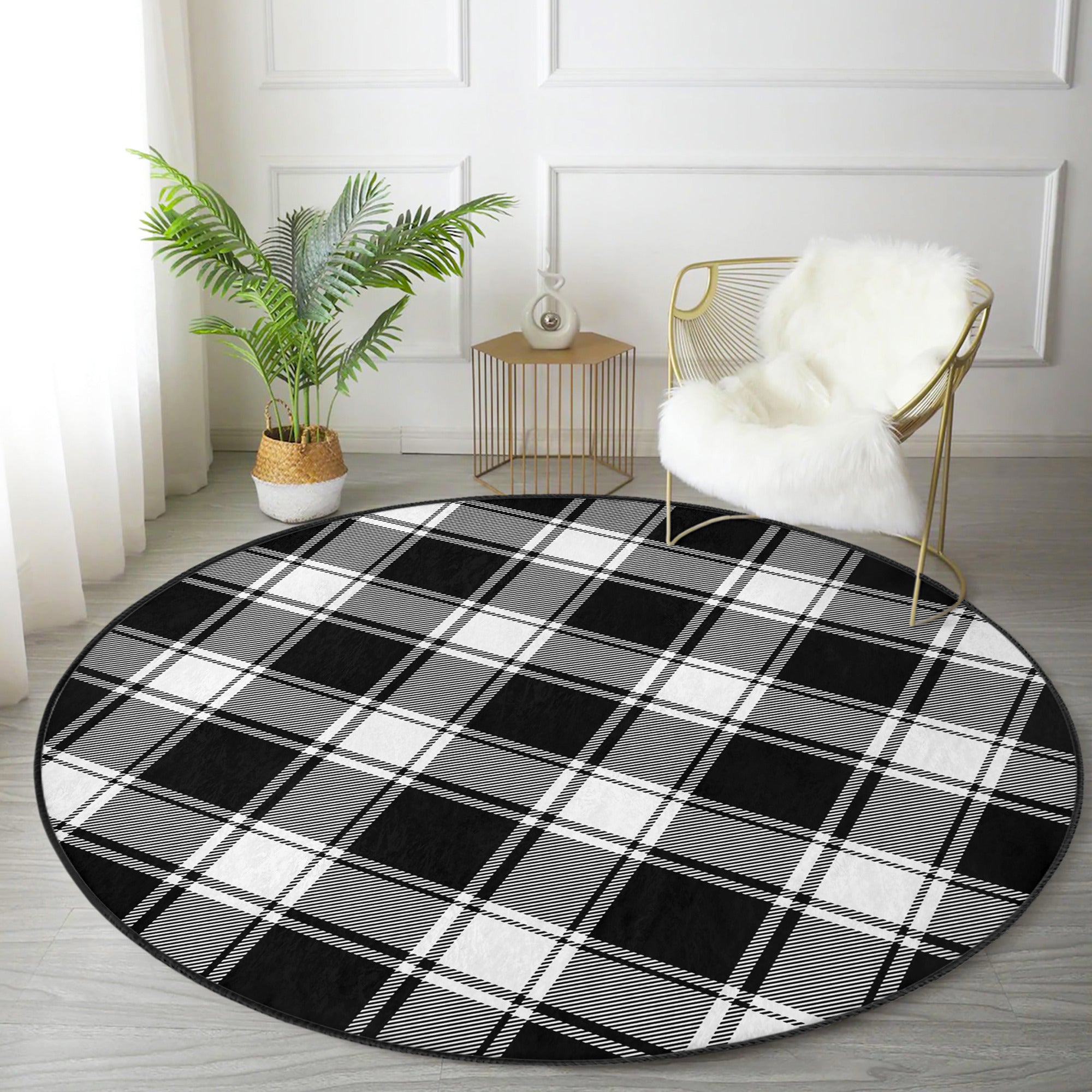 A stylish plaid round rug in soft velvet fabric, showcasing a vibrant pattern suitable for living rooms and bedrooms.