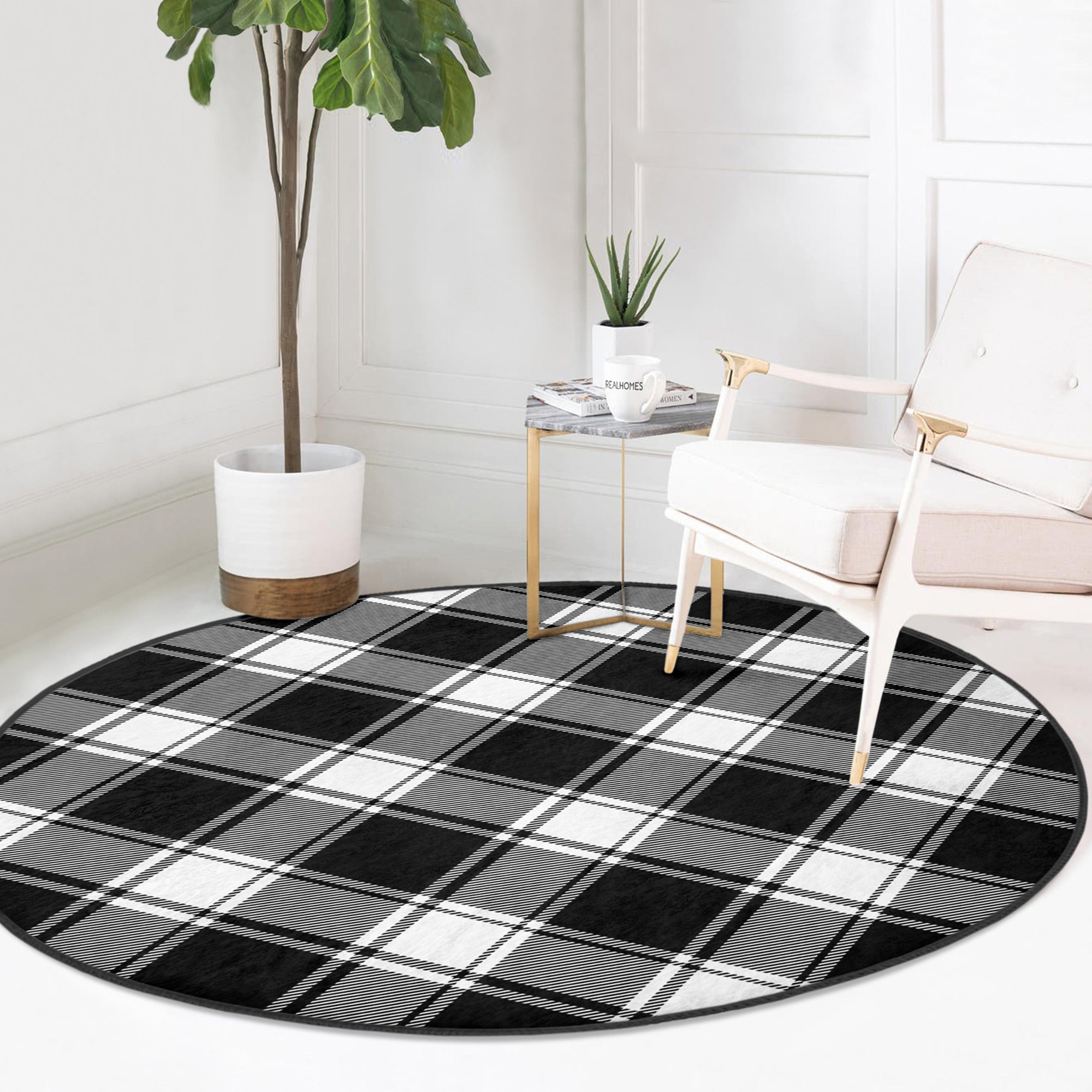 A stylish plaid round rug in soft velvet fabric, showcasing a vibrant pattern suitable for living rooms and bedrooms.