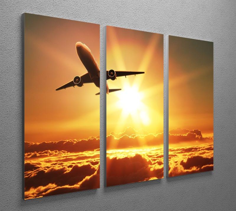 A beautiful 3-panel canvas print depicting a plane taking off at sunrise, showcasing vibrant colors and a captivating scene.