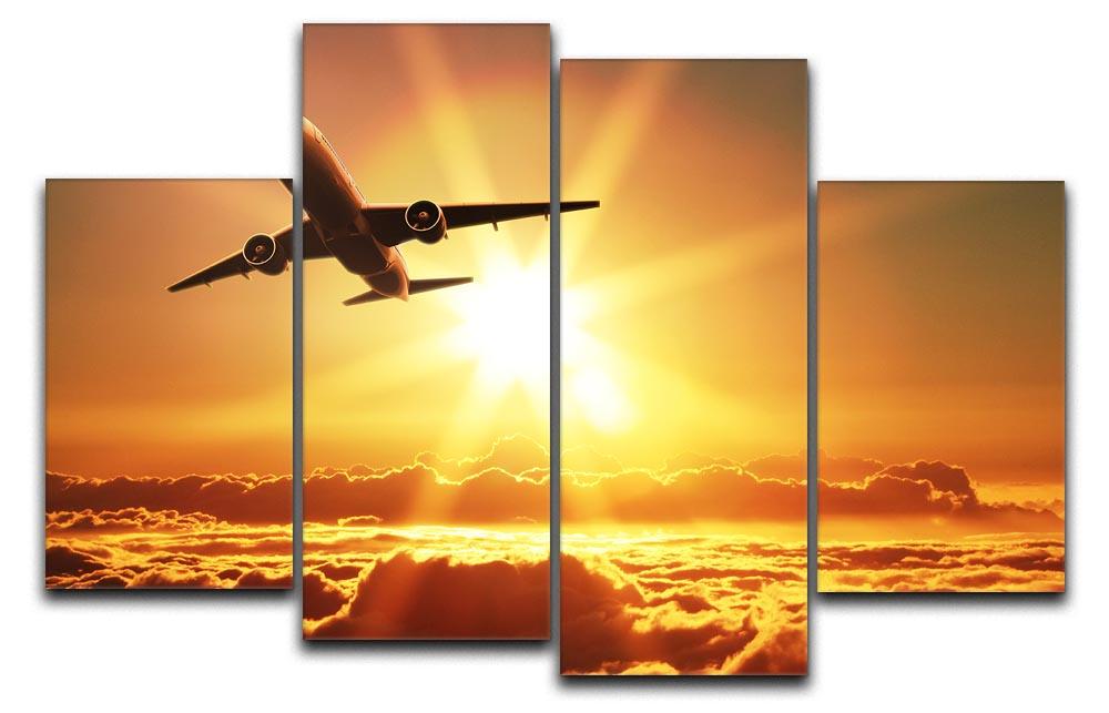 A stunning 4-split canvas artwork depicting a plane taking off at sunrise, showcasing vibrant colors and dynamic design.
