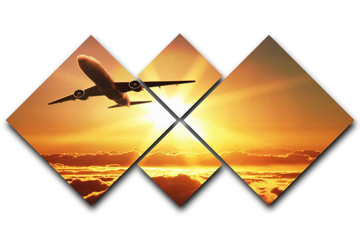 A beautiful multi-panel canvas artwork depicting a plane taking off at sunrise, divided into four equal sections.