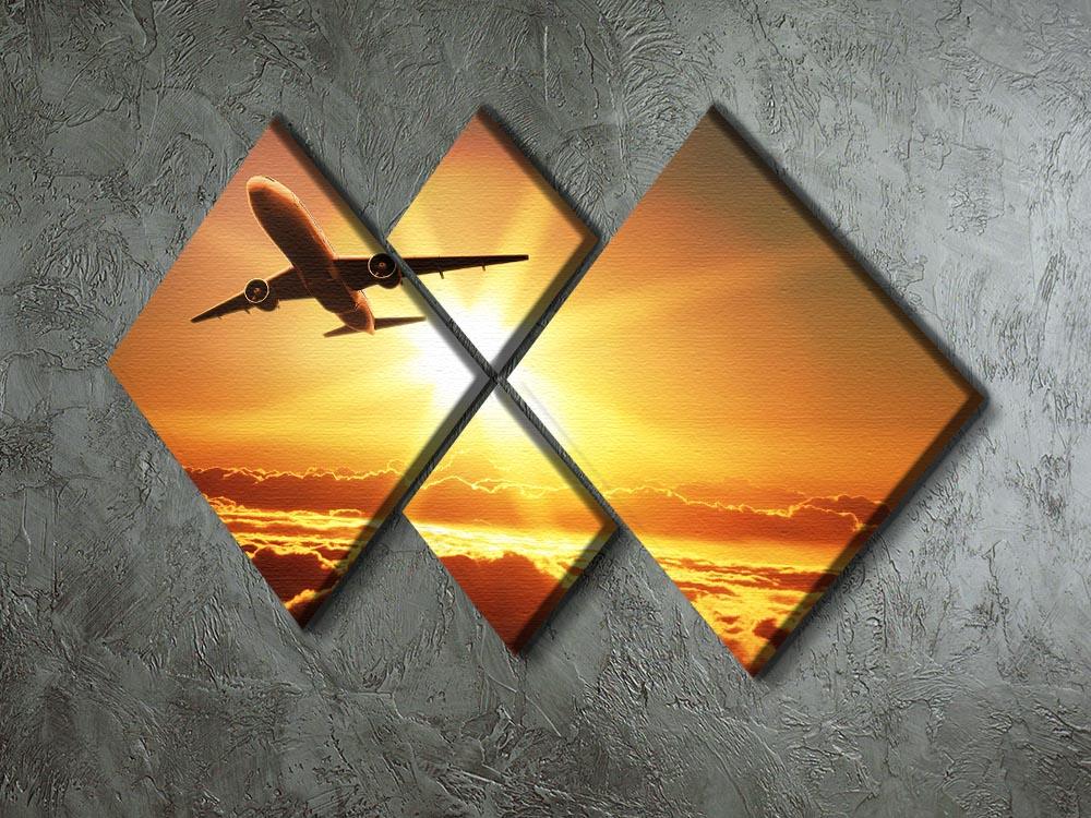 A beautiful multi-panel canvas artwork depicting a plane taking off at sunrise, divided into four equal sections.
