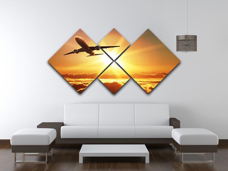 A beautiful multi-panel canvas artwork depicting a plane taking off at sunrise, divided into four equal sections.