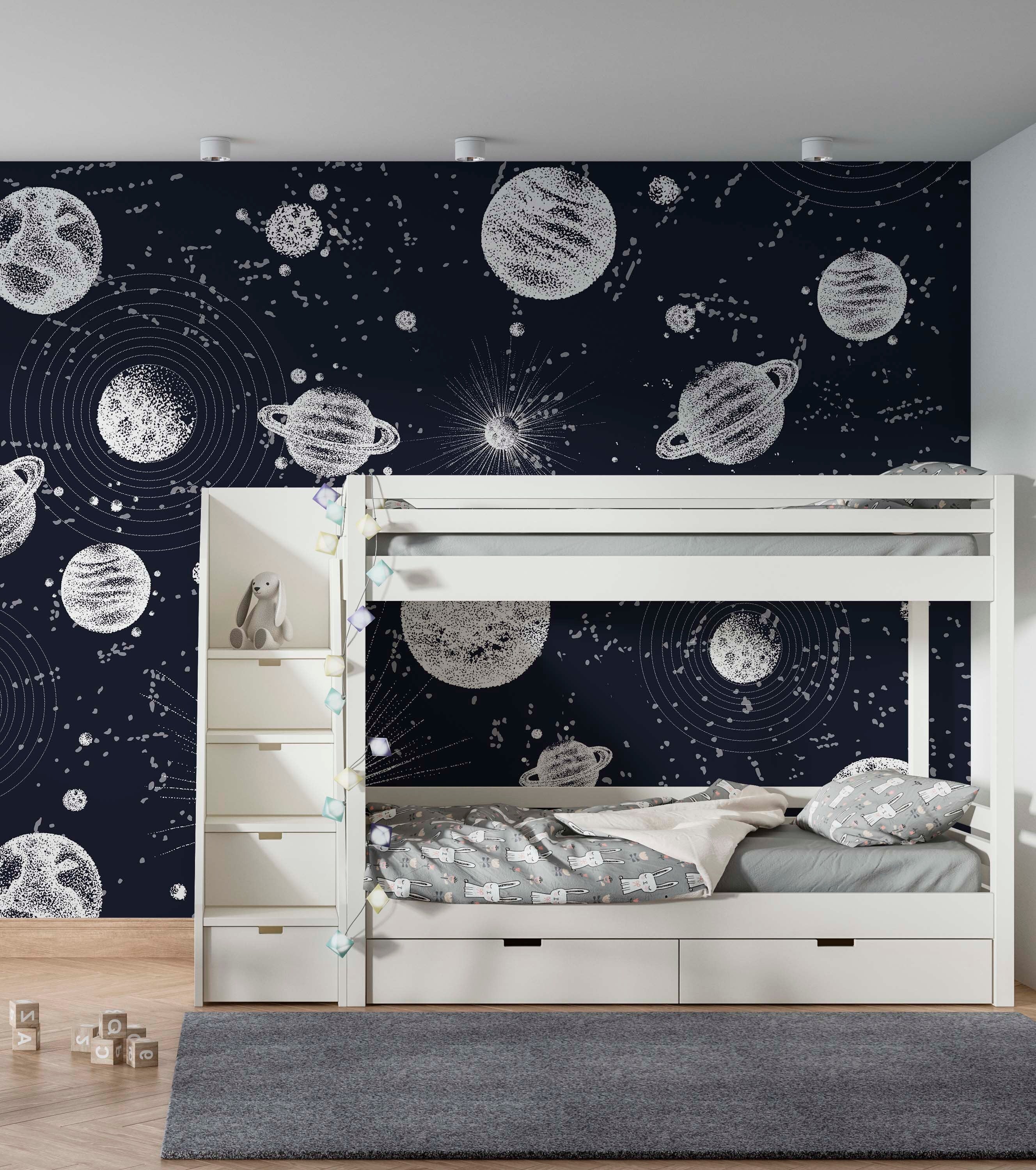 A vibrant mural depicting various planets and celestial bodies in space, perfect for educational and decorative purposes.