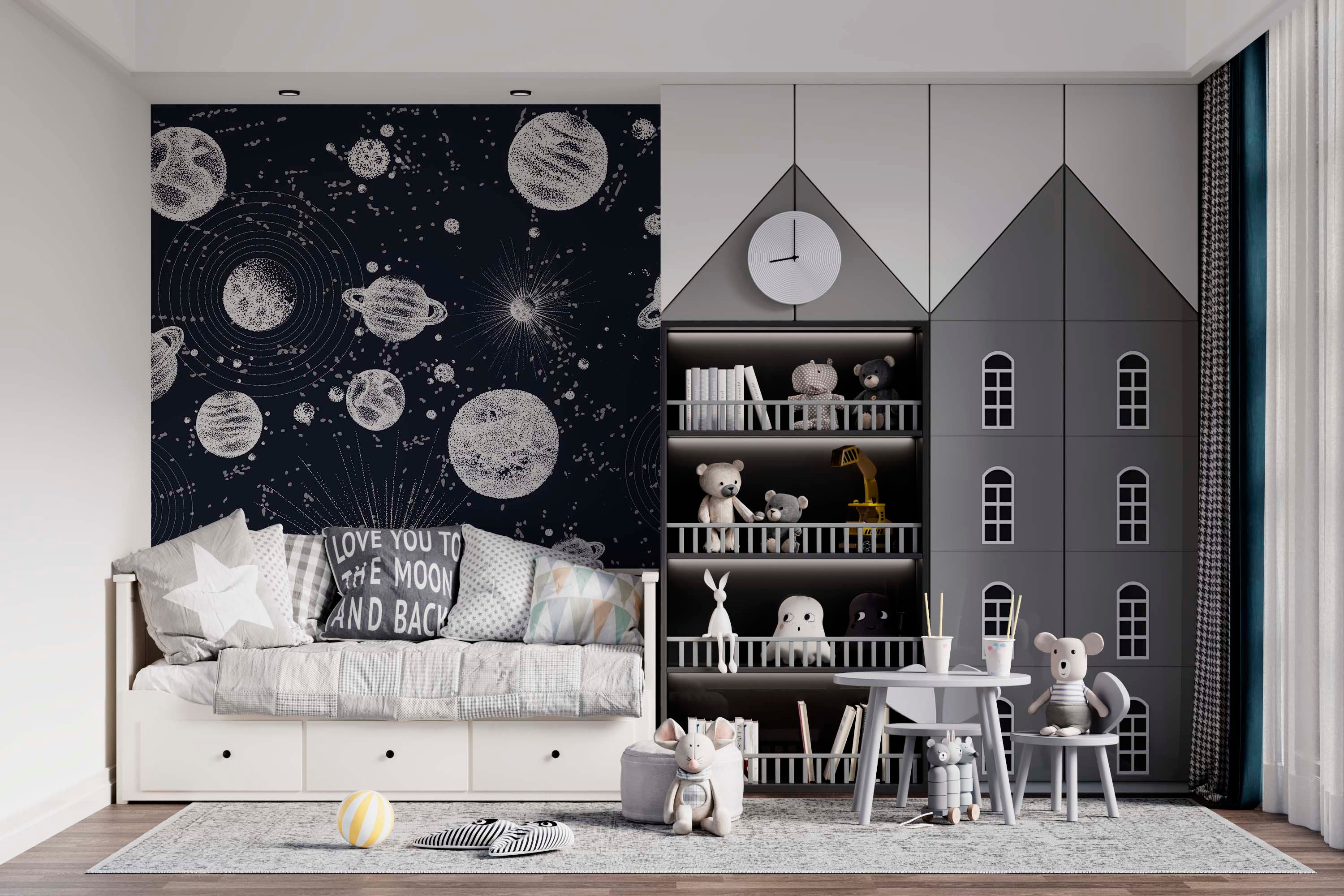 A vibrant mural depicting various planets and celestial bodies in space, perfect for educational and decorative purposes.