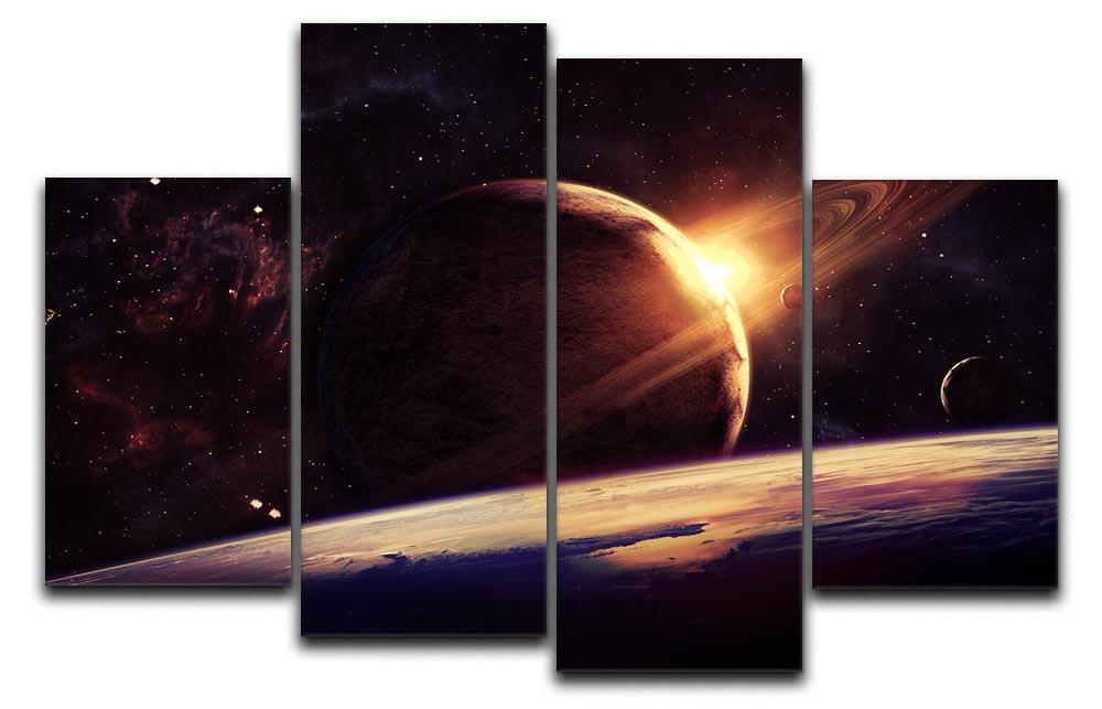 A stunning 4-split canvas artwork featuring vibrant planets over a colorful nebula, creating a dynamic and multi-dimensional visual effect.