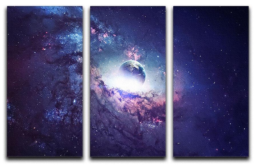 Three-panel canvas print featuring planets, stars, and galaxies in vibrant colors, perfect for home decor.