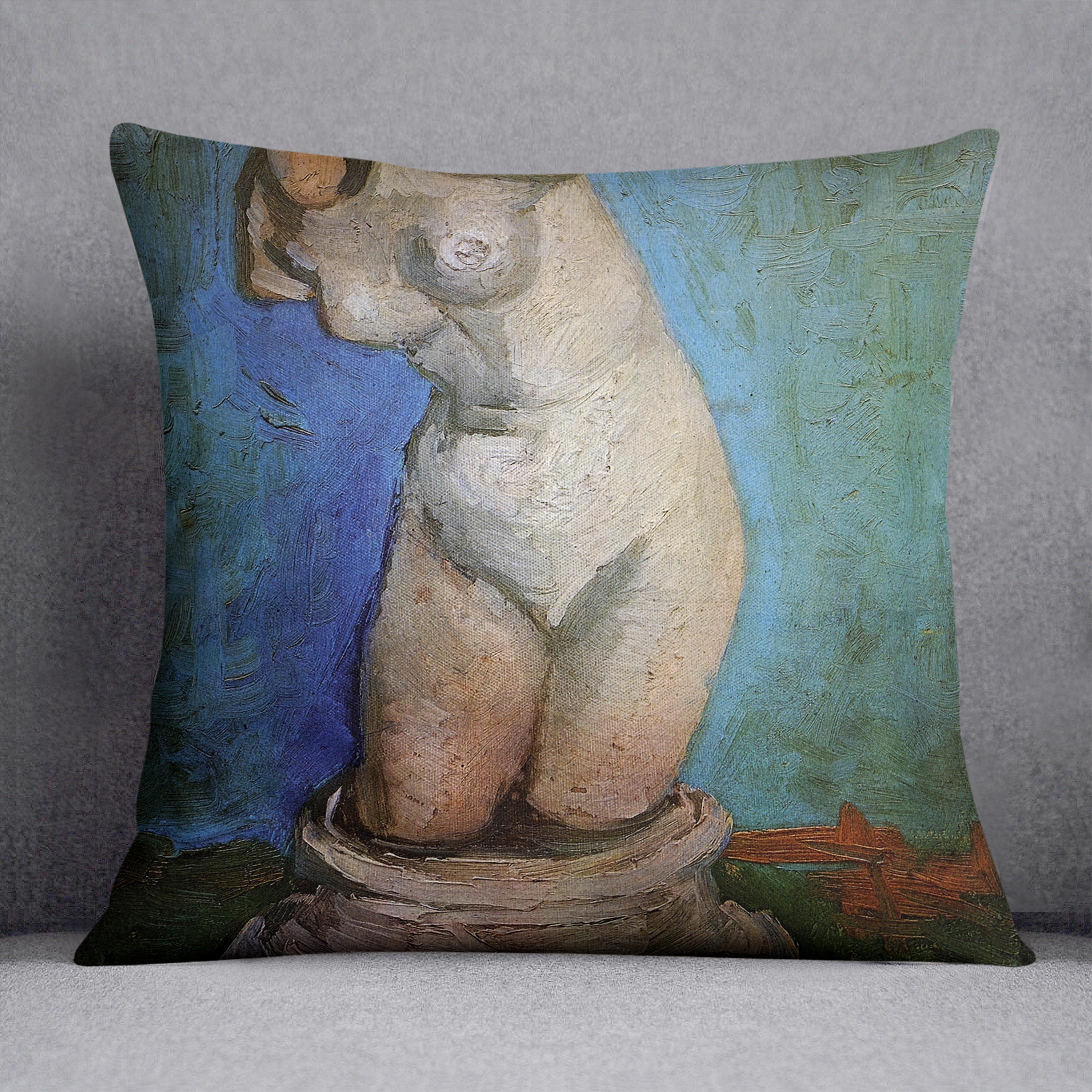 Plaster Statuette of a Female Torso 2 by Van Gogh Cushion featuring vibrant abstract designs on luxurious vegan faux suede.