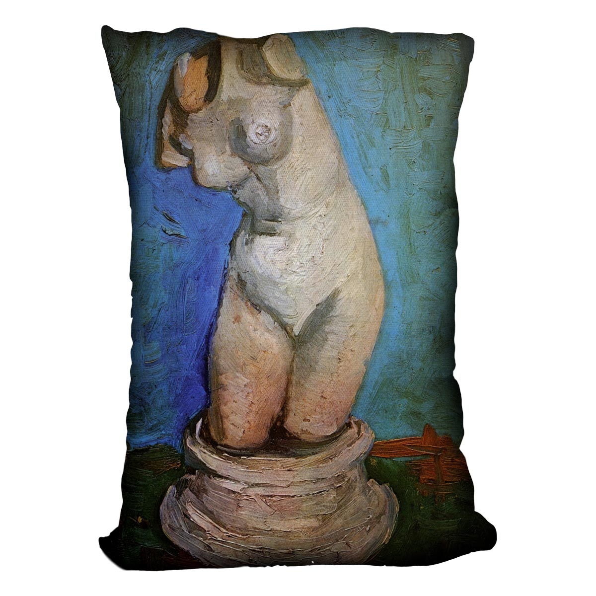 Plaster Statuette of a Female Torso 2 by Van Gogh Cushion featuring vibrant abstract designs on luxurious vegan faux suede.
