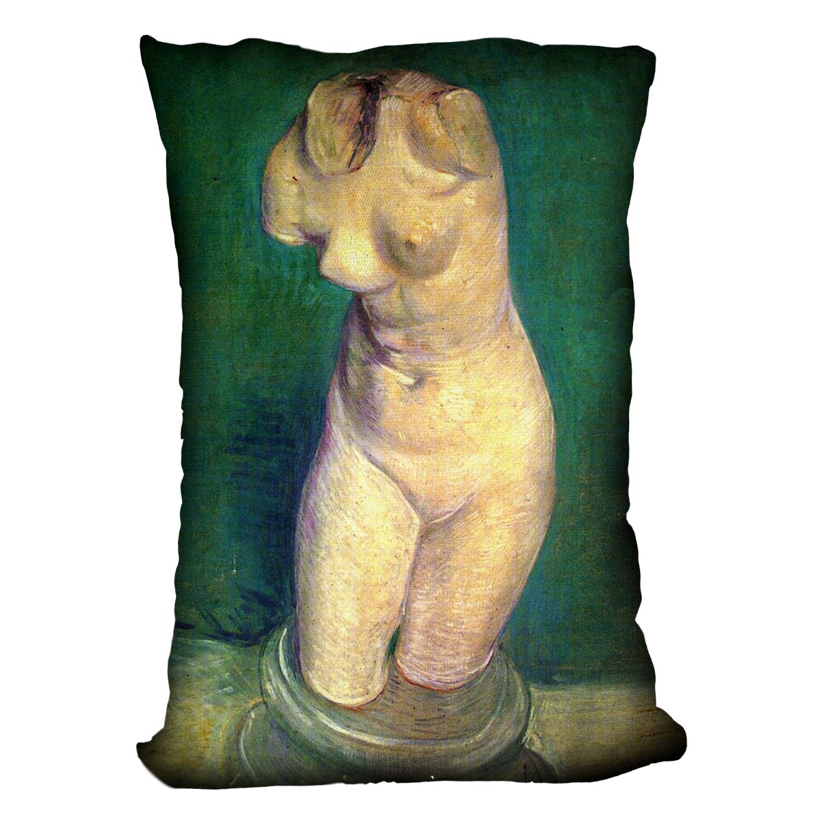 Plaster statuette of a female torso cushion featuring vibrant abstract designs on luxurious vegan faux suede.