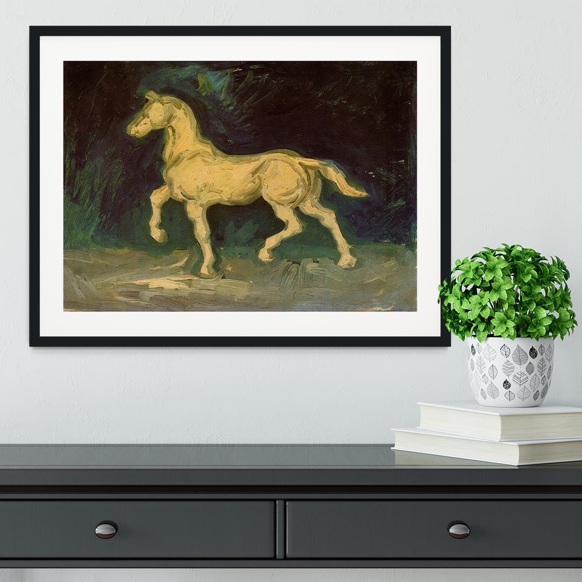Framed print of Van Gogh's plaster statuette of a horse, showcasing vibrant colors and intricate details.