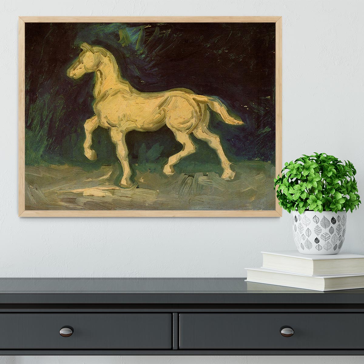 Framed print of Van Gogh's plaster statuette of a horse, showcasing vibrant colors and intricate details.