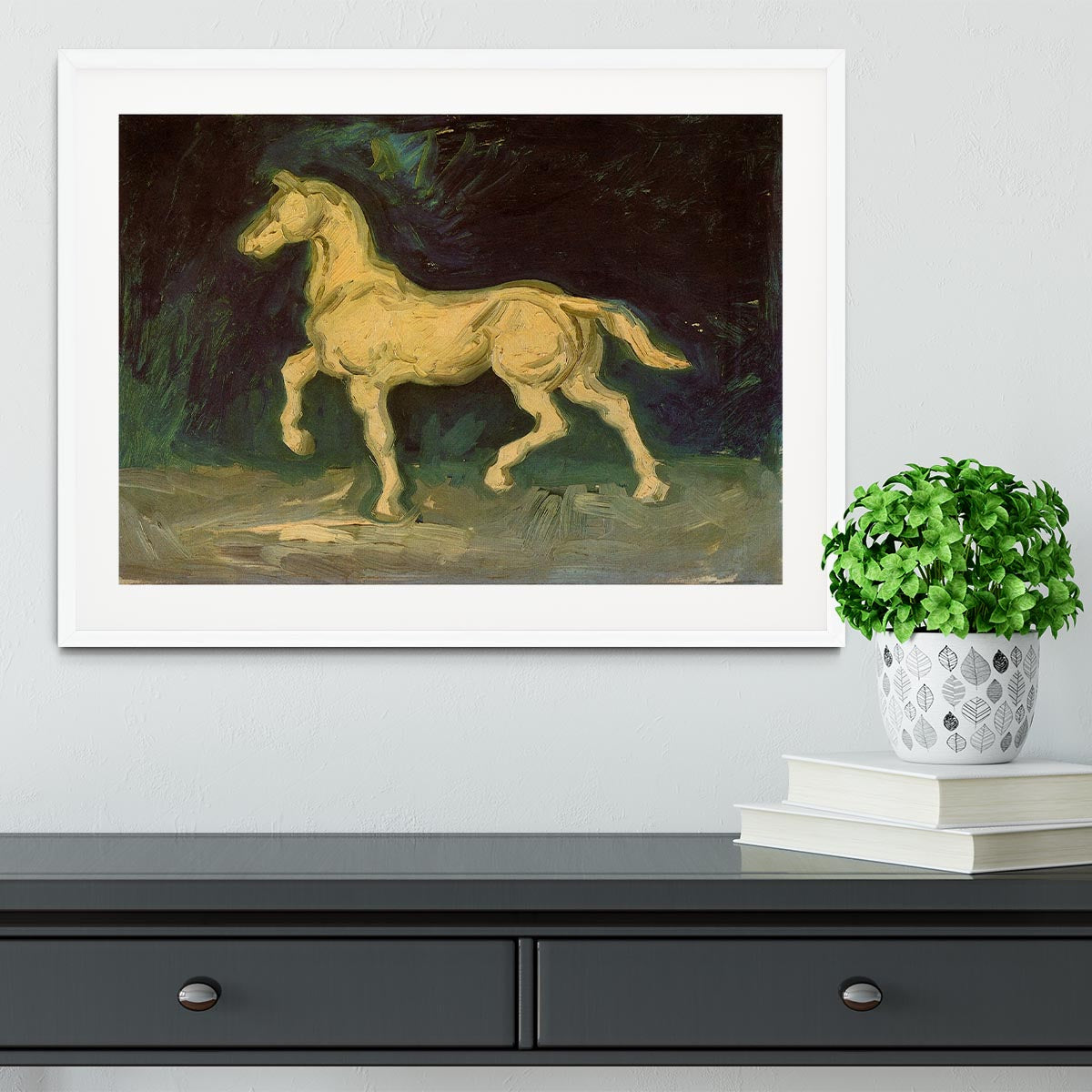 Framed print of Van Gogh's plaster statuette of a horse, showcasing vibrant colors and intricate details.
