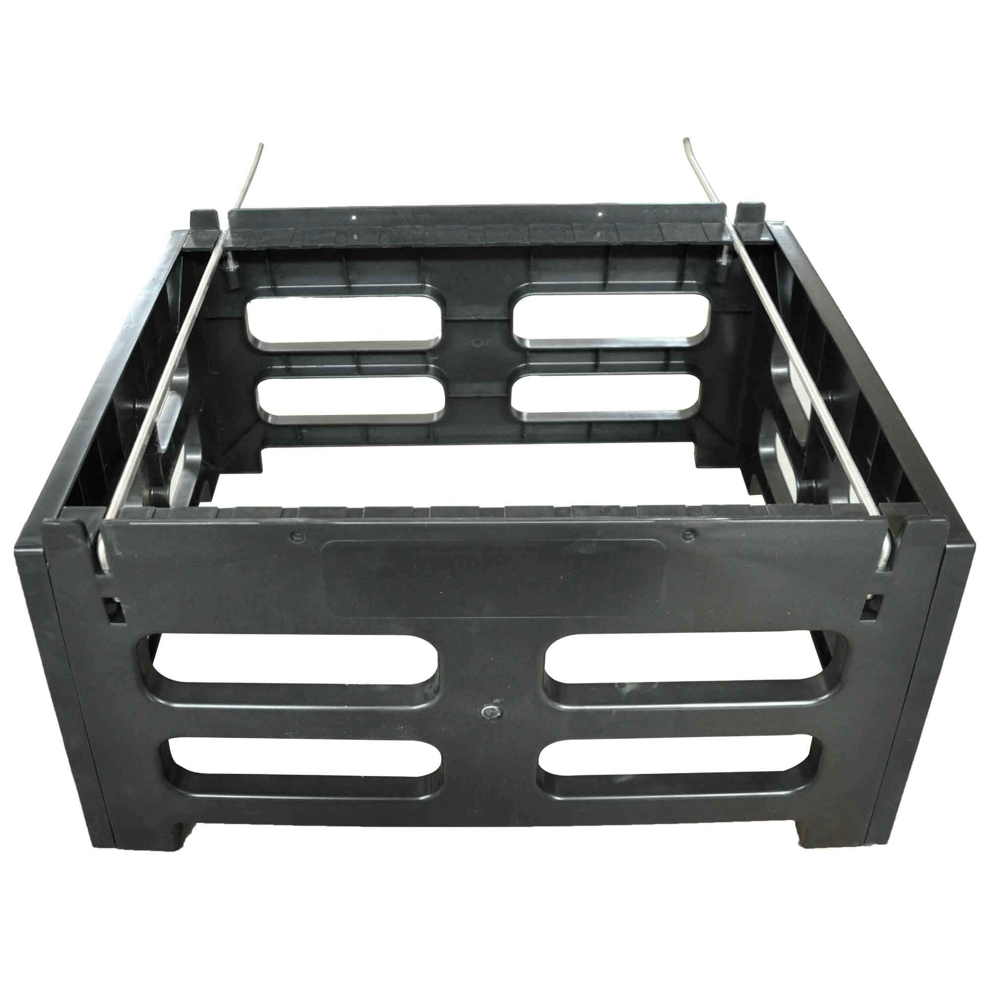 Plastic beehive stand designed for 10 frame Langstroth hives, featuring sturdy construction and metal support bars.