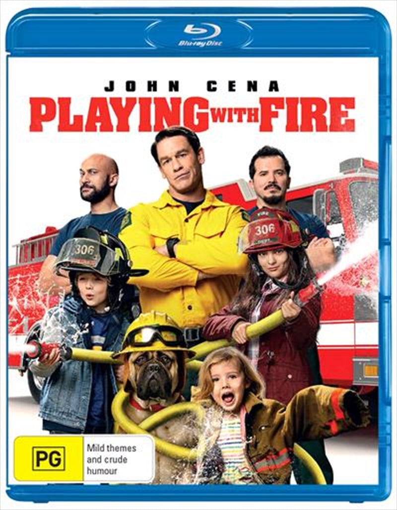 Cover of Playing With Fire Blu-ray featuring rugged firefighters and playful kids in a vibrant action scene.