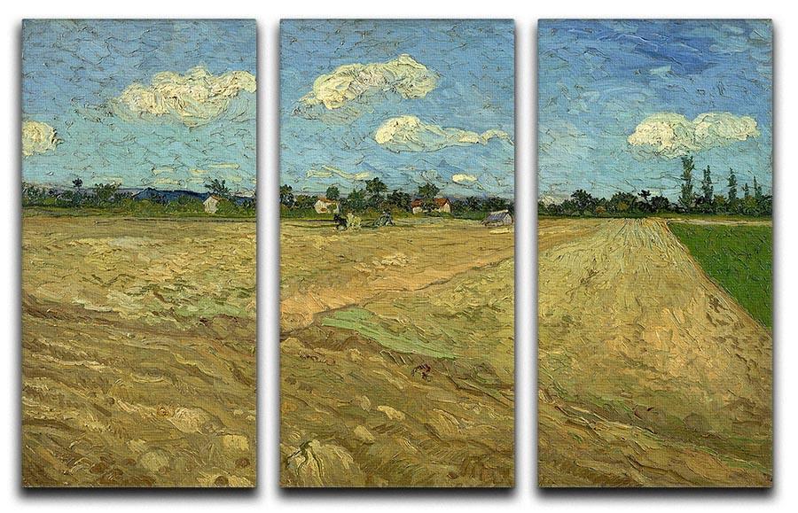 Three-panel canvas print of Van Gogh's Ploughed Fields, showcasing vibrant colors and intricate details.
