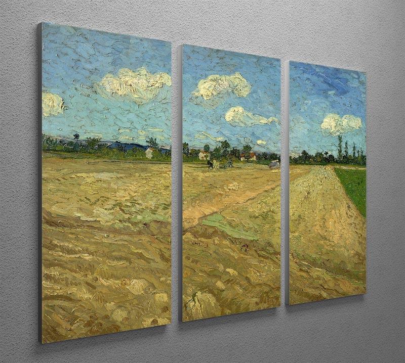 Three-panel canvas print of Van Gogh's Ploughed Fields, showcasing vibrant colors and intricate details.