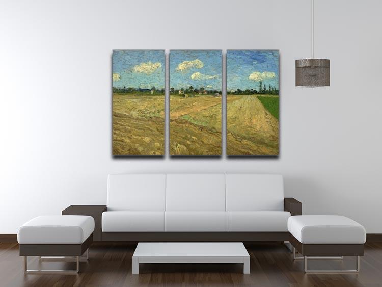 Three-panel canvas print of Van Gogh's Ploughed Fields, showcasing vibrant colors and intricate details.