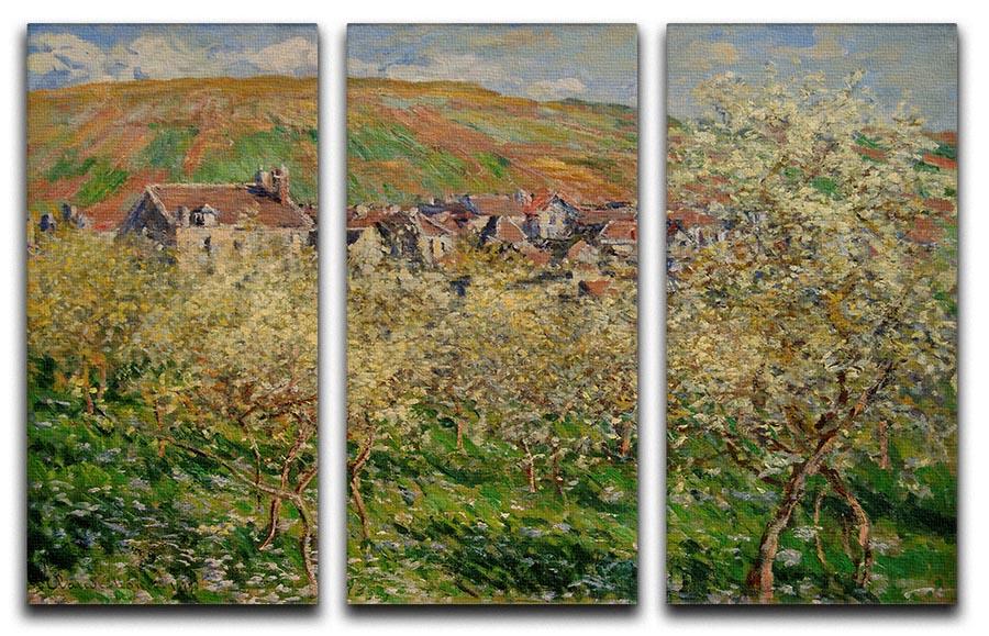 Three-panel canvas print of Monet's Plum Trees in Blossom, showcasing vibrant colors and intricate details.