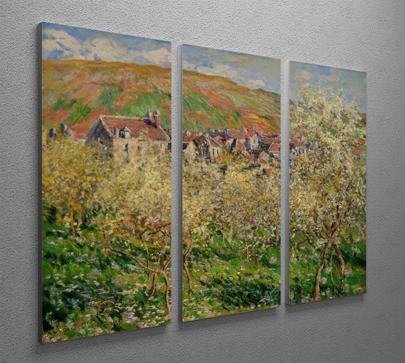 Three-panel canvas print of Monet's Plum Trees in Blossom, showcasing vibrant colors and intricate details.