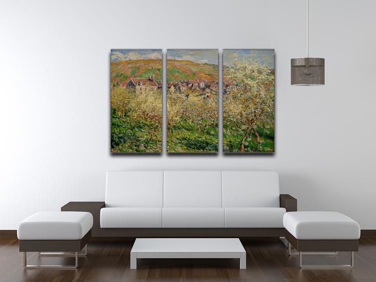 Three-panel canvas print of Monet's Plum Trees in Blossom, showcasing vibrant colors and intricate details.