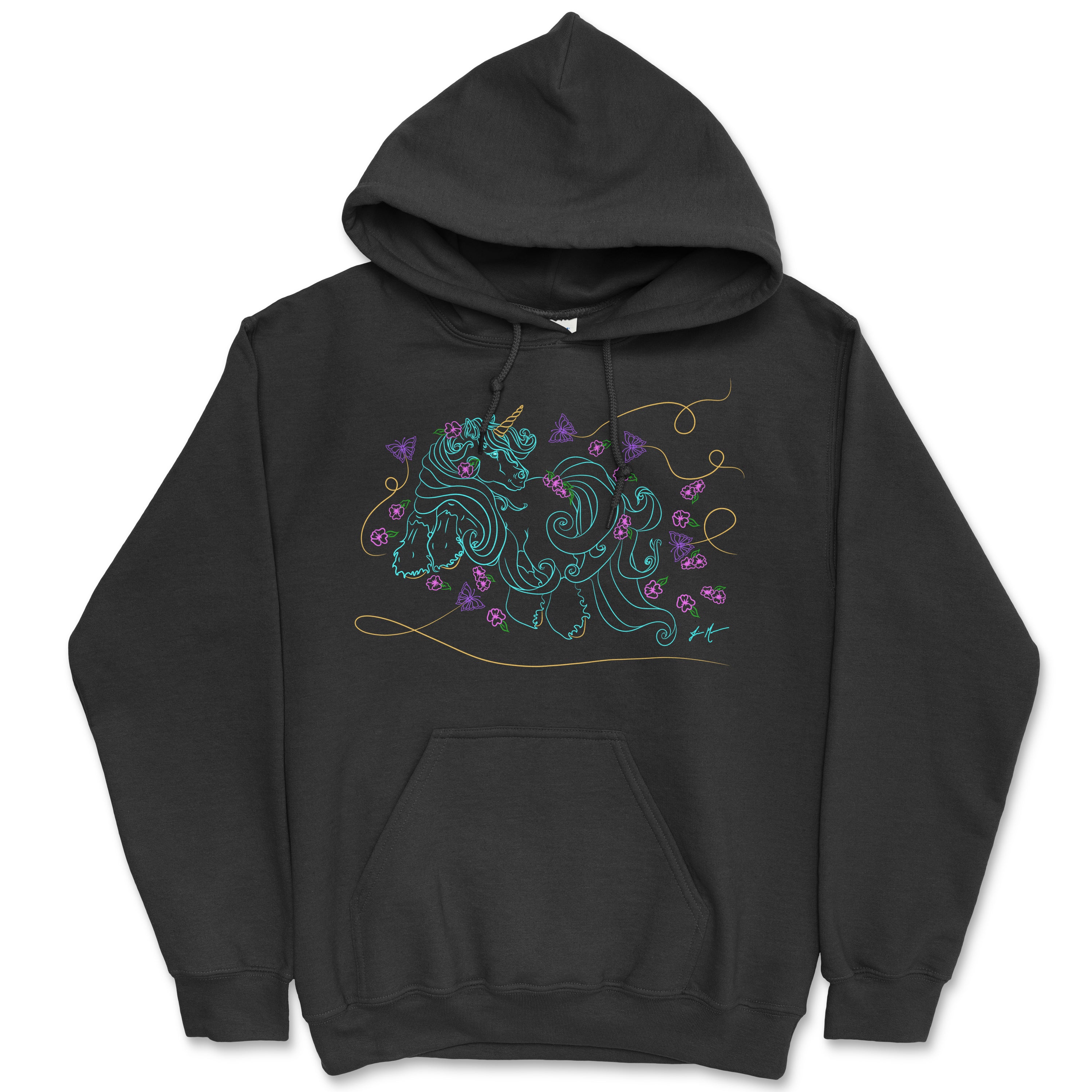 Plumeria Unicorn Hooded Sweatshirt featuring a whimsical unicorn design, double-lined hood, and pouch pocket, perfect for casual wear.