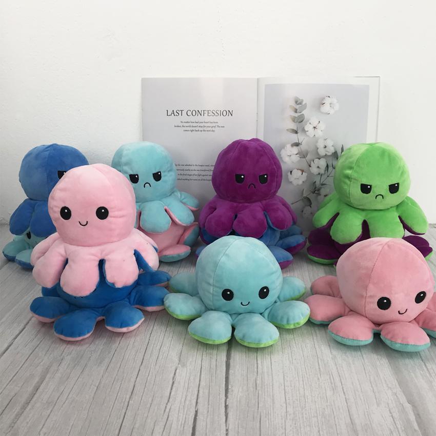 A soft and cuddly reversible flip octopus plush toy in vibrant colors, perfect for children and as a home accessory.