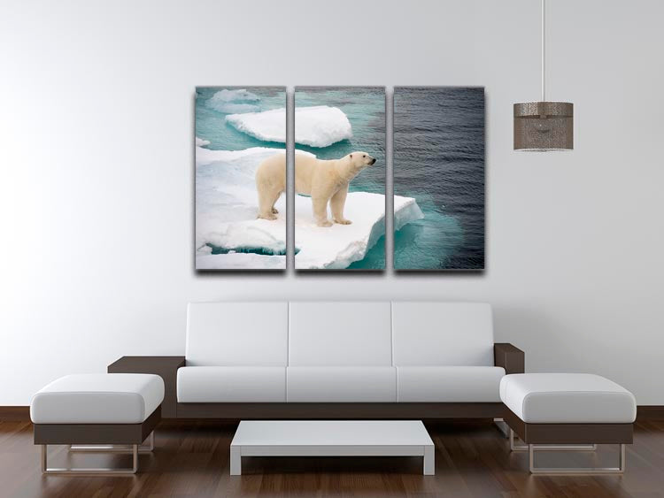A stunning 3-panel canvas print featuring a polar bear walking on sea ice, showcasing the beauty of nature.