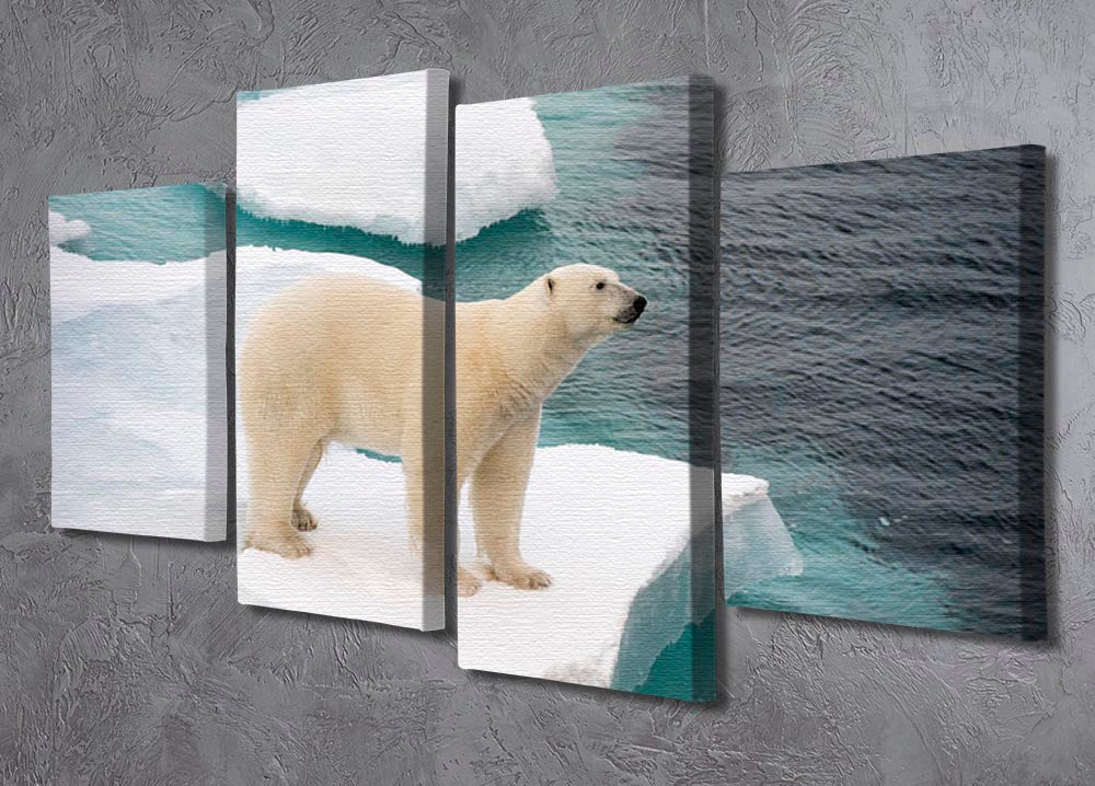 A stunning 4-panel canvas artwork featuring a polar bear walking on sea ice, showcasing the beauty of nature.