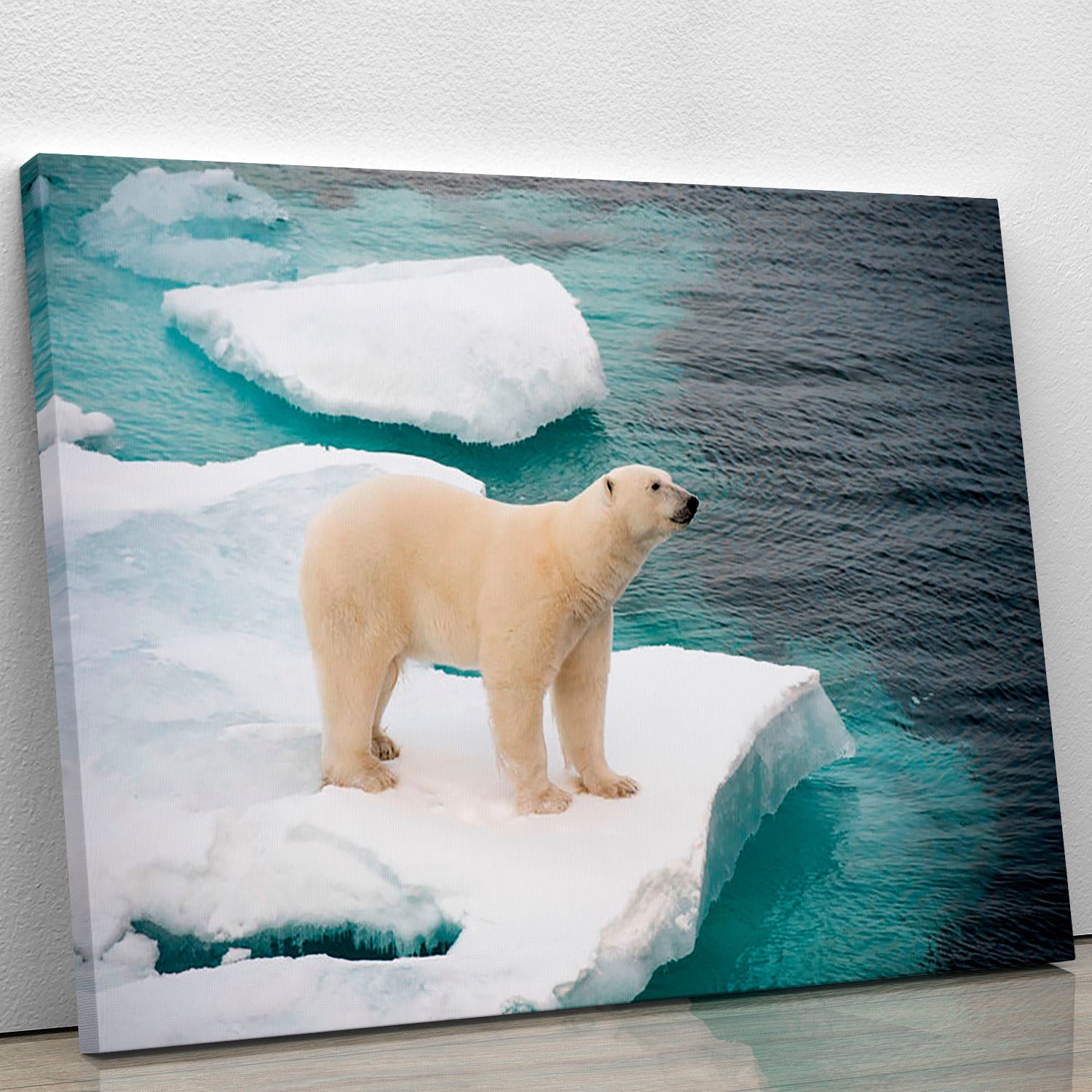 A beautiful canvas print of a polar bear walking on sea ice, showcasing the majestic animal in its natural habitat.